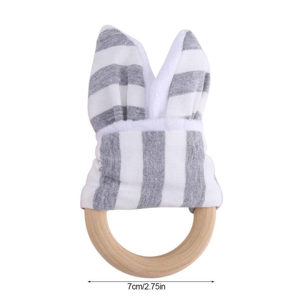 6 Months Baby Rabbit Bunny Ear Teething Ring Safety Wooden Chew Teether Gift