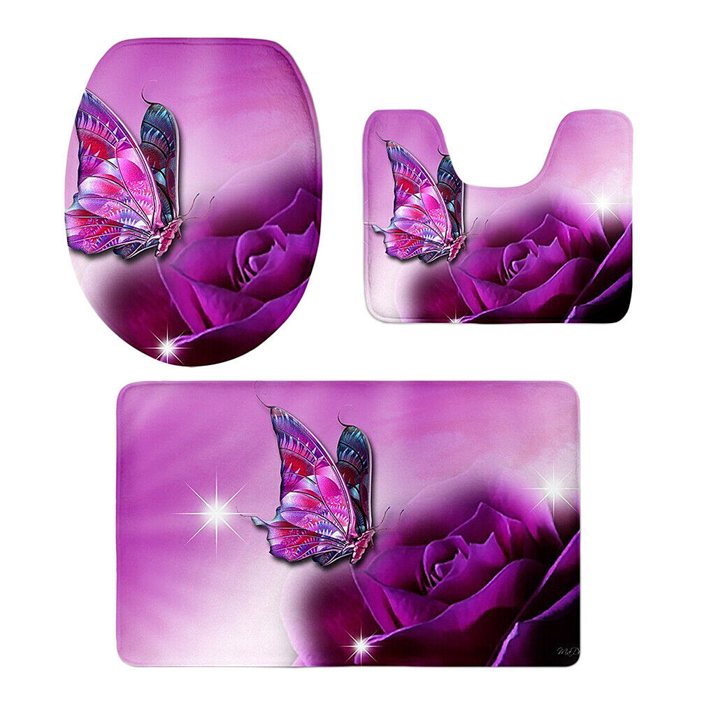 3 Piece Butterfly Toilet Covers Set Flannel Mats Bathroom Rug P1437CP