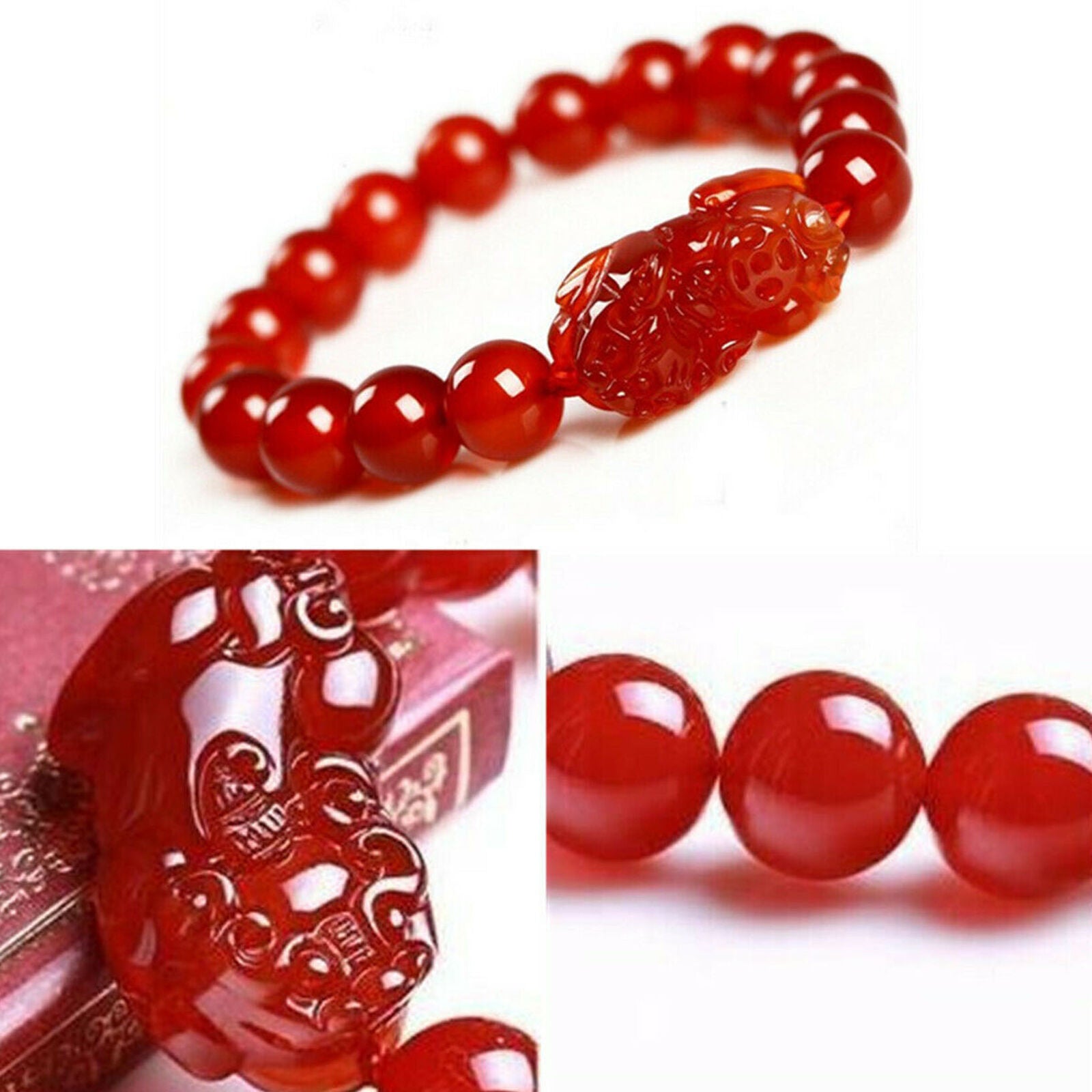 10mm Natural Red Agate Feng Shui Pi Xiu Wealth Bracelet Good Luck Bangle Gifts