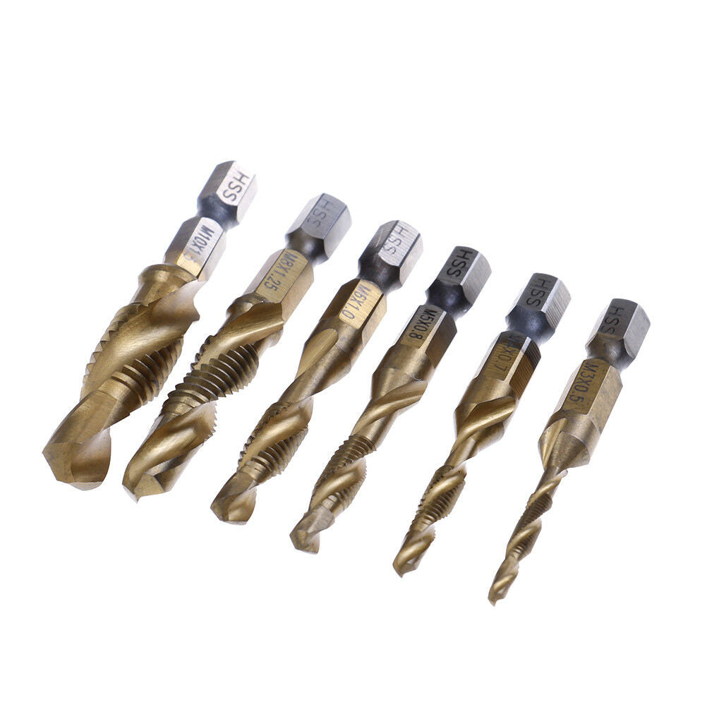 6pcs Hex Shank Titanium Plated Screw Thread Drill Bits Set Compound Tap M3-  Qx