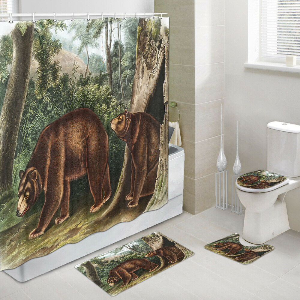 Two Bears In The Forest Shower Curtain Bath Rug Toilet Lid Seat Cover 4PCS-Set