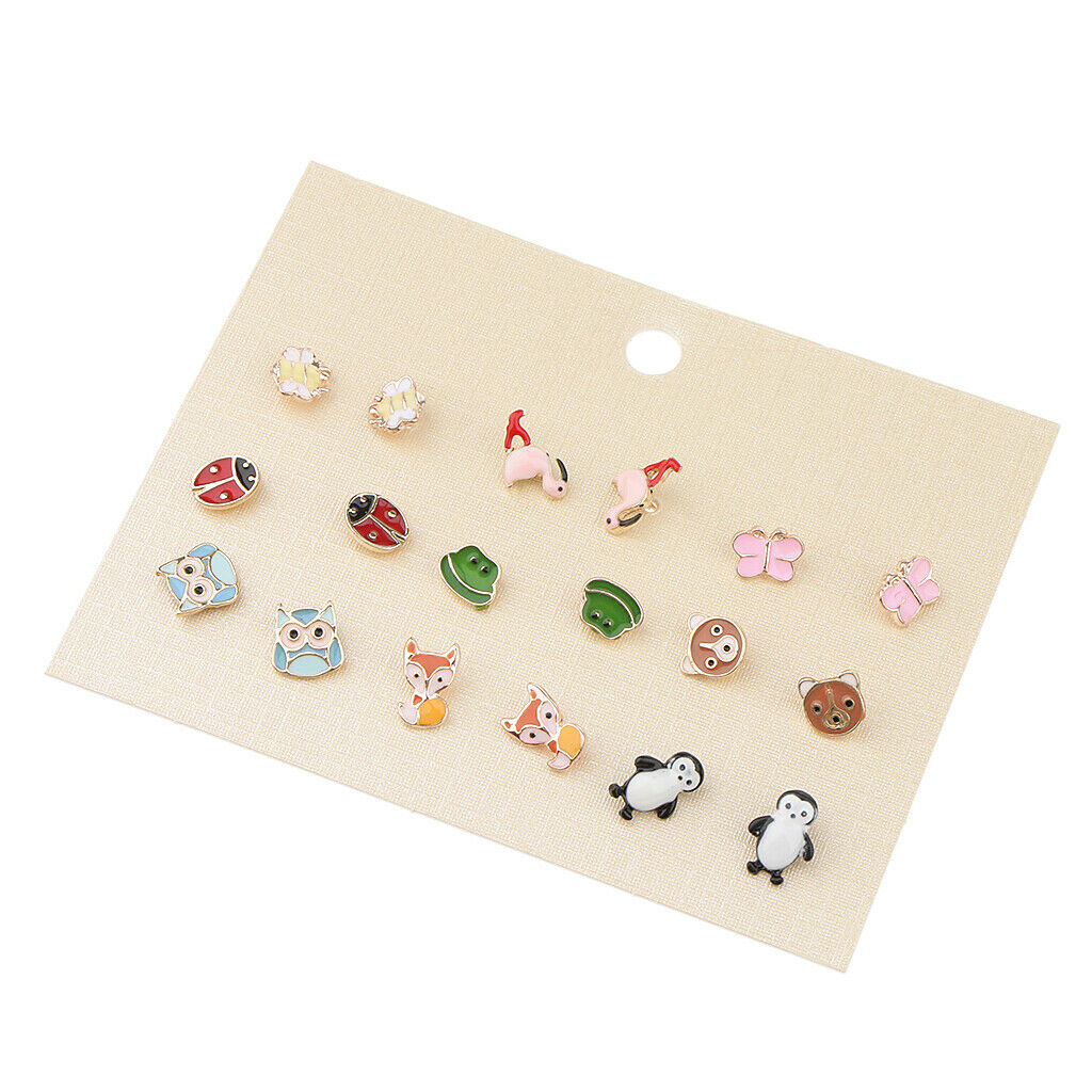 9 Pairs Lovely Mixed Color Lowrie Ladybug Flamingo Owl Frog Stud Earrings Sets