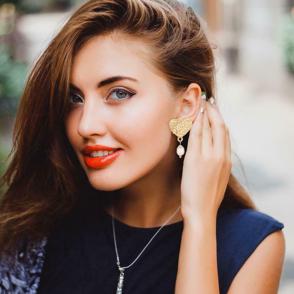 Love Heart Pearls Dangle Ear Stud Women Elegant Sweet Drop Earrings Jewelry @
