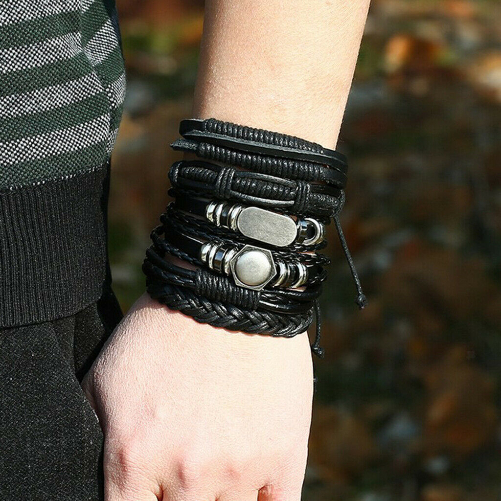 6Pcs Braided Bracelet Alloy Ethnic Tribal Punk Goth Multiple Bracelet Set