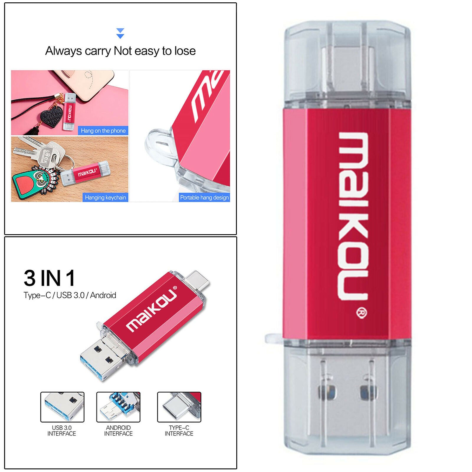 64G USB Flash Drive Type-C&Micro USB Memory Stick for IOS/Android Red