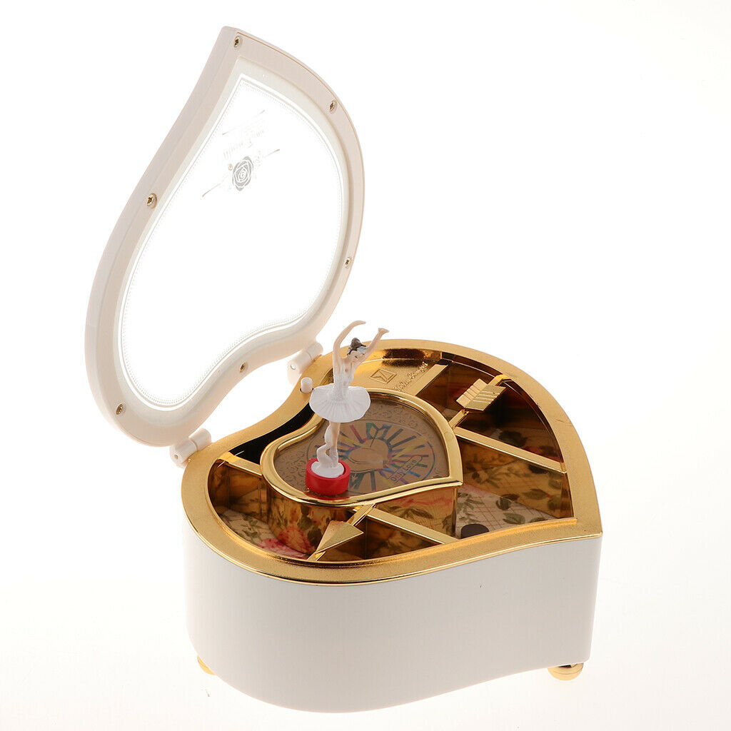 Romantic Heart Shape Rowling Ballerina Musical Jewelry Storage Box  White