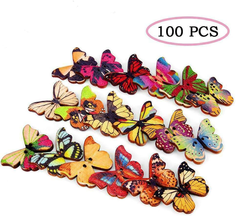 100pc Mixed Butterfly Wooden Sewing Buttons 2 Holes DIY Scrapbooking Craft Decor