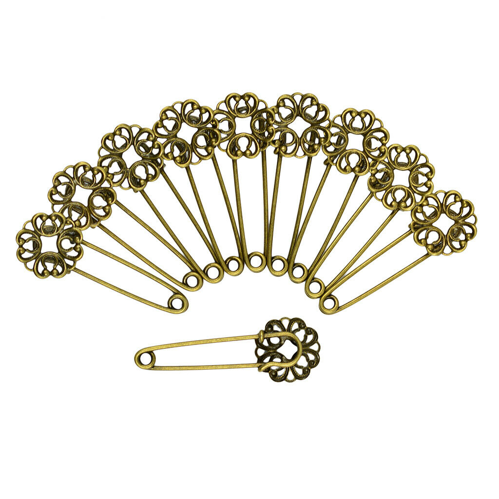 10pcs Blank Filigree Flower Base DIY Hijab Brooches Safety Pins Retro Bronze