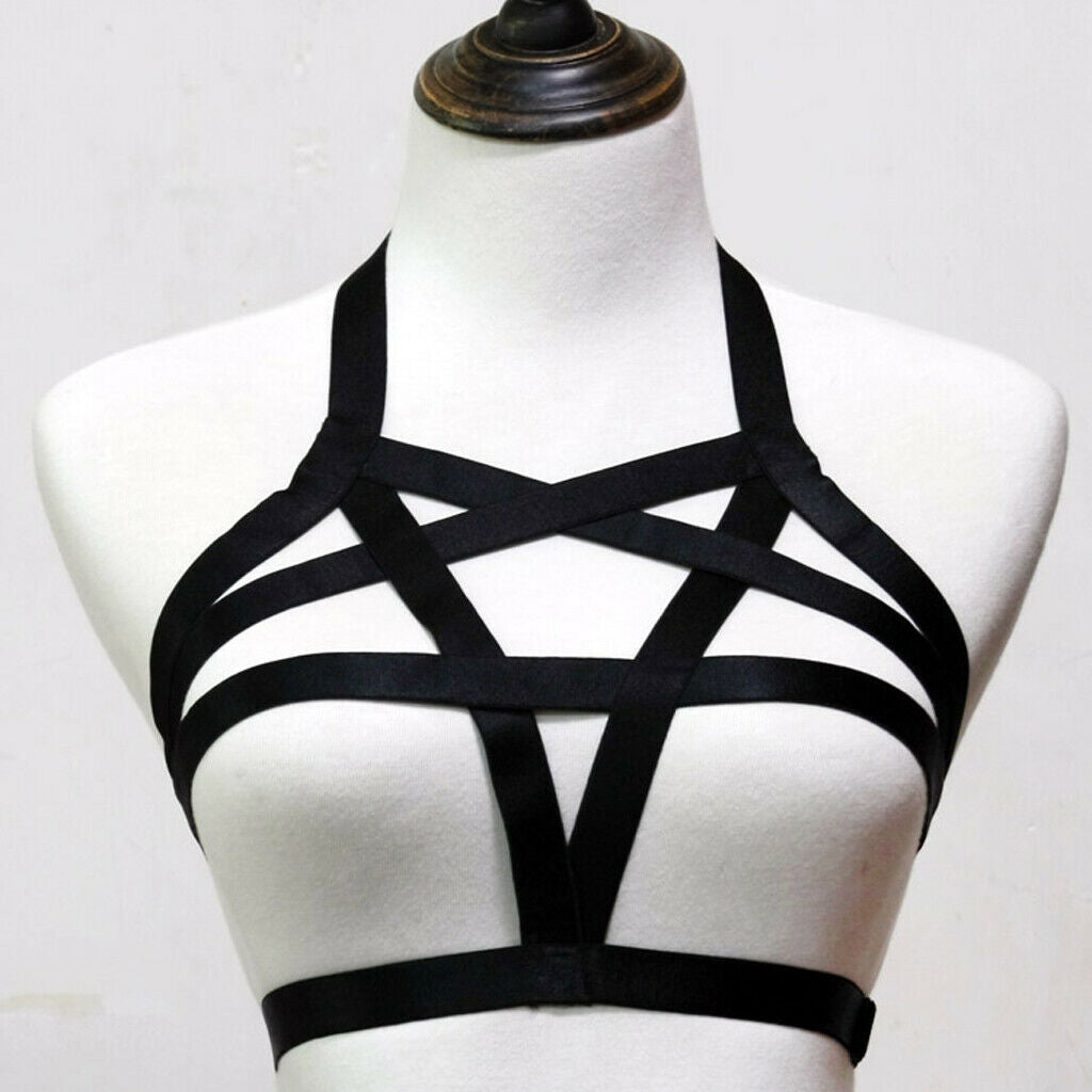 Sexy Women's Black Harness Bra Bustier & Straps Harness Garter Set Nightwear