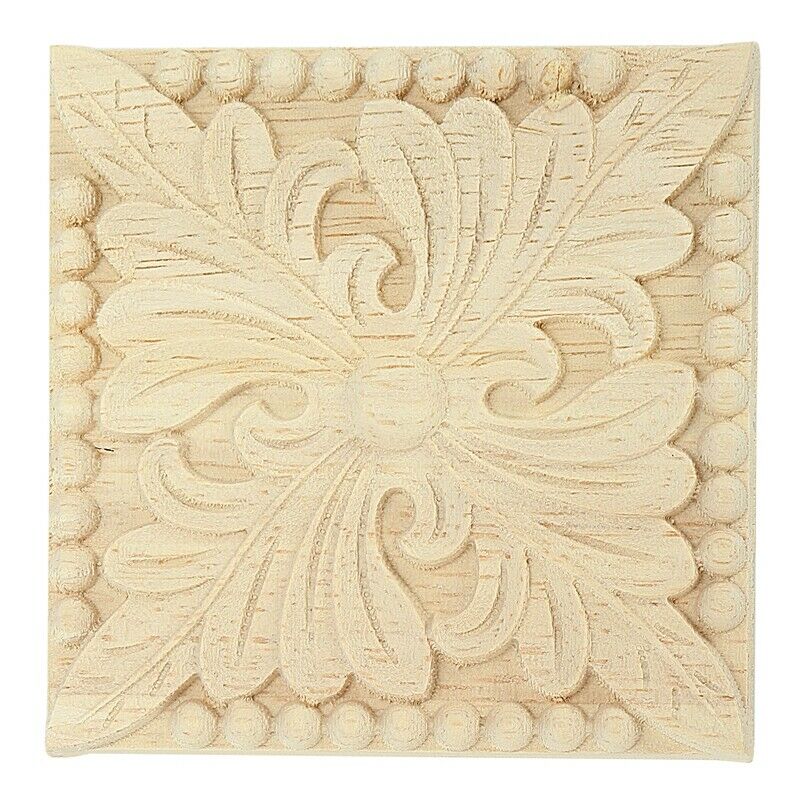 Natural Wood Appliques Square Flower Carving Decals Decorative Wooden MouldingT9