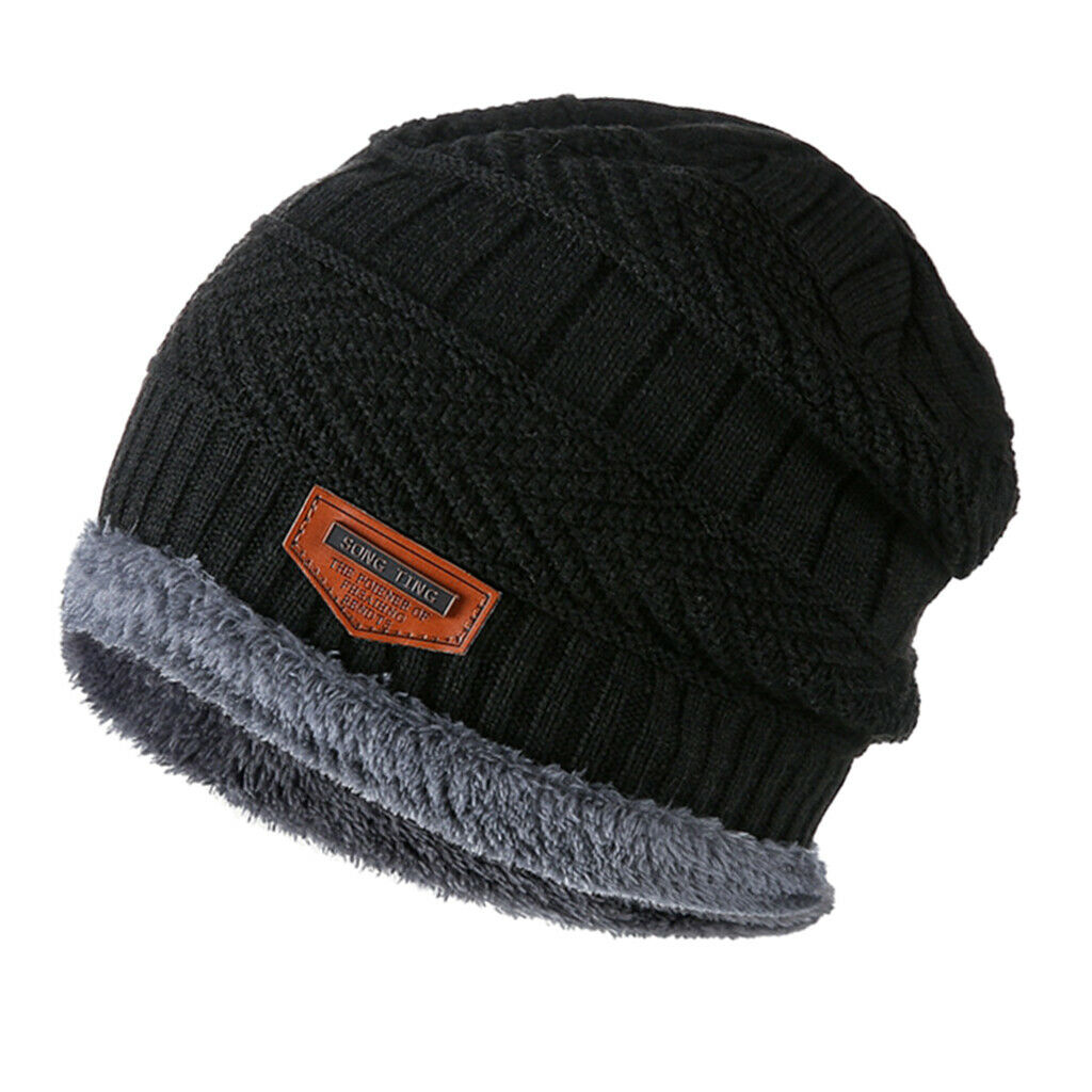 Winter Beanie Hat Soft Warm Knit Hat Thick Fleece Lined Skiing Running Black