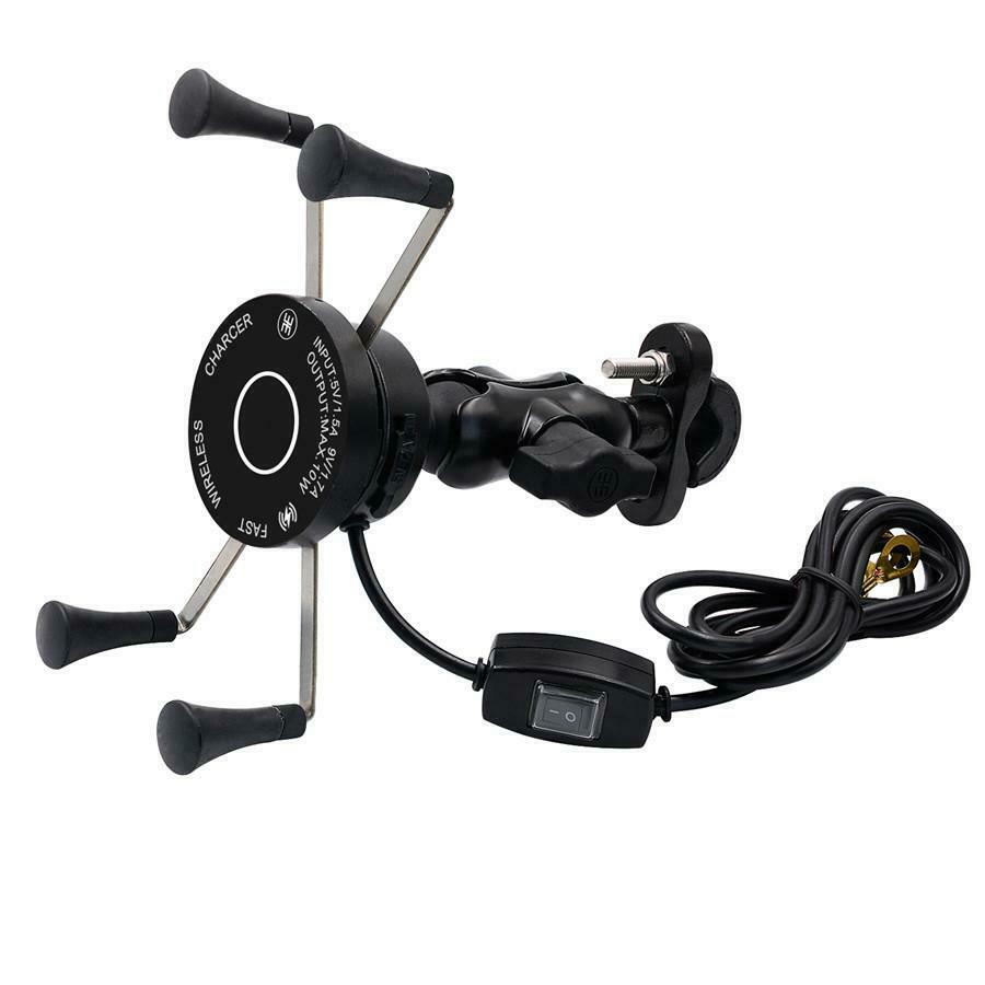 Motorcycle Scooter Wireless + Wired USB Fast Charger Phone Holder w/ Bracket
