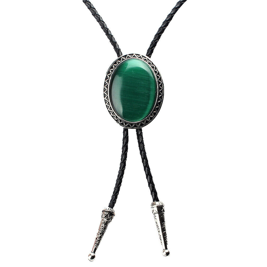Natural Green Crystal Bolo Tie Bolas Necktie with Braided PU Leather Chain