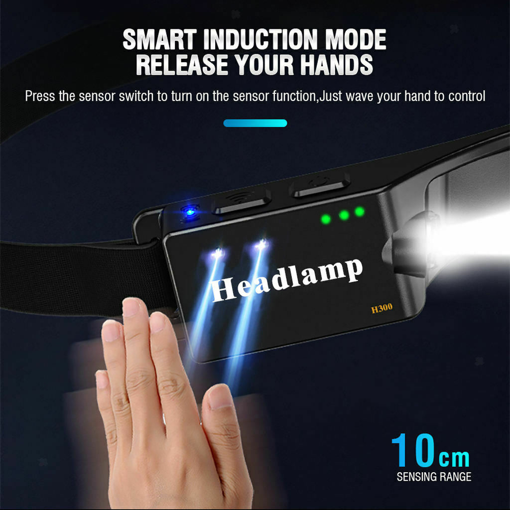 USB COB Head Lamps Adults Outdoor Hat Clip Light 4 Modes Flashlight Sensor