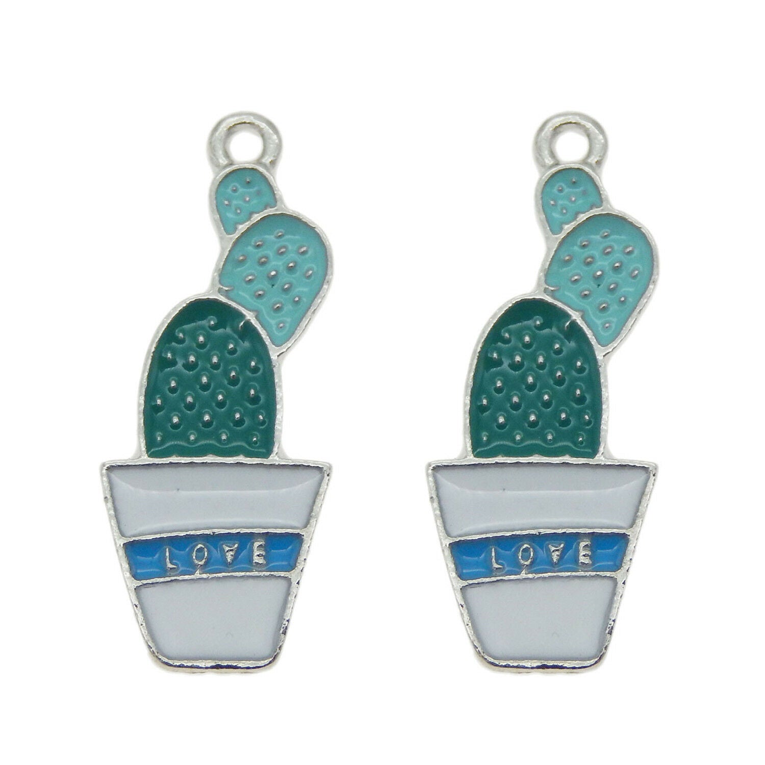 16 pcs Green Enamel Metal Potted Cactus Plants Charms Pendants Findings 27x11 MM