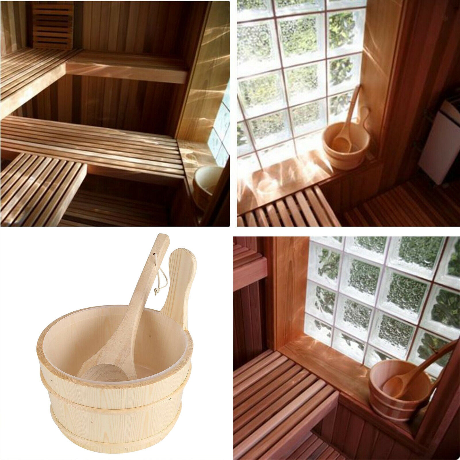 4L Wood Sauna Bucket and Ladle with Liner SPA Accessory Sauna Steaming