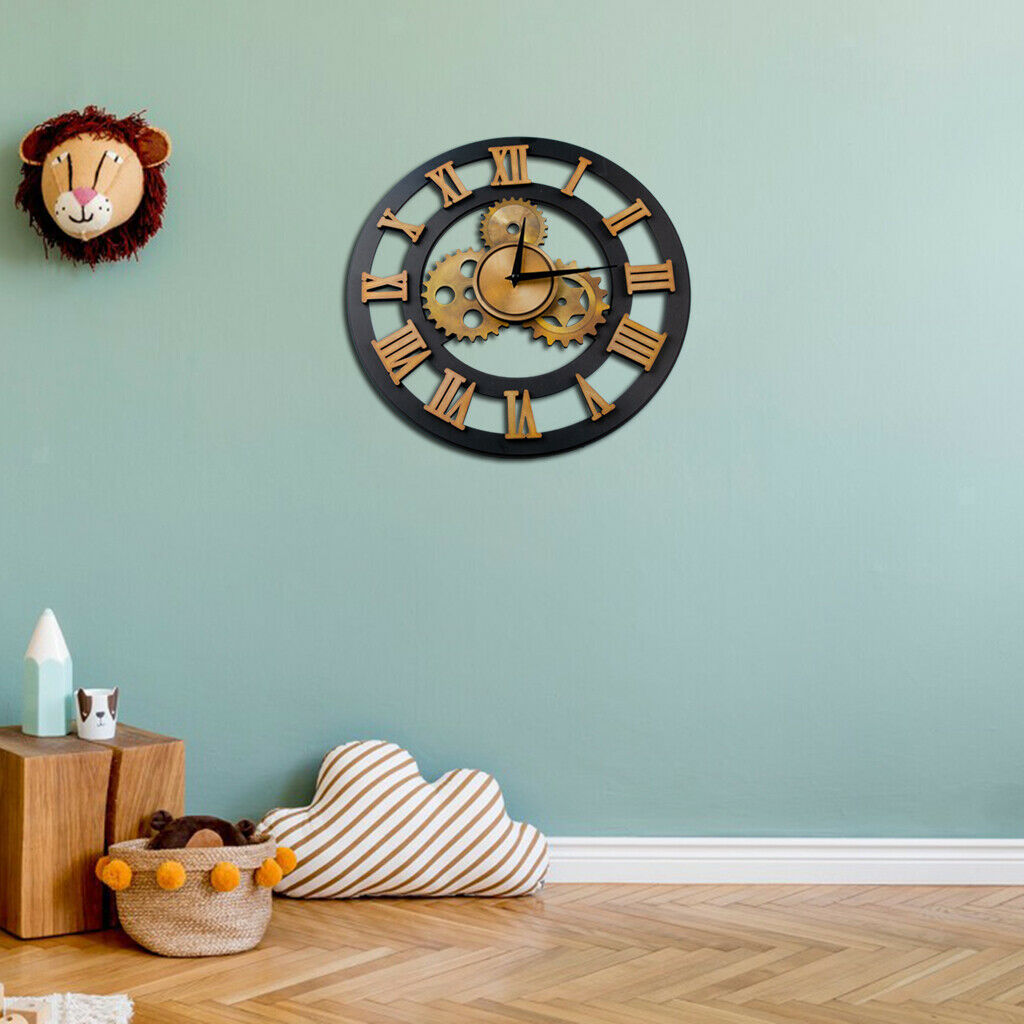 15 inch Large Gear Wall Clock Industrial Roman Numerals Silent Quartz Clock