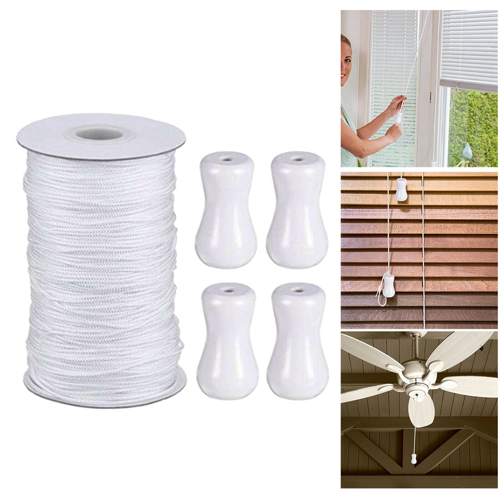 1.8mm White Braided Lift Shade Cord w/ 4pcs Wooden Pendant Gardening Plant