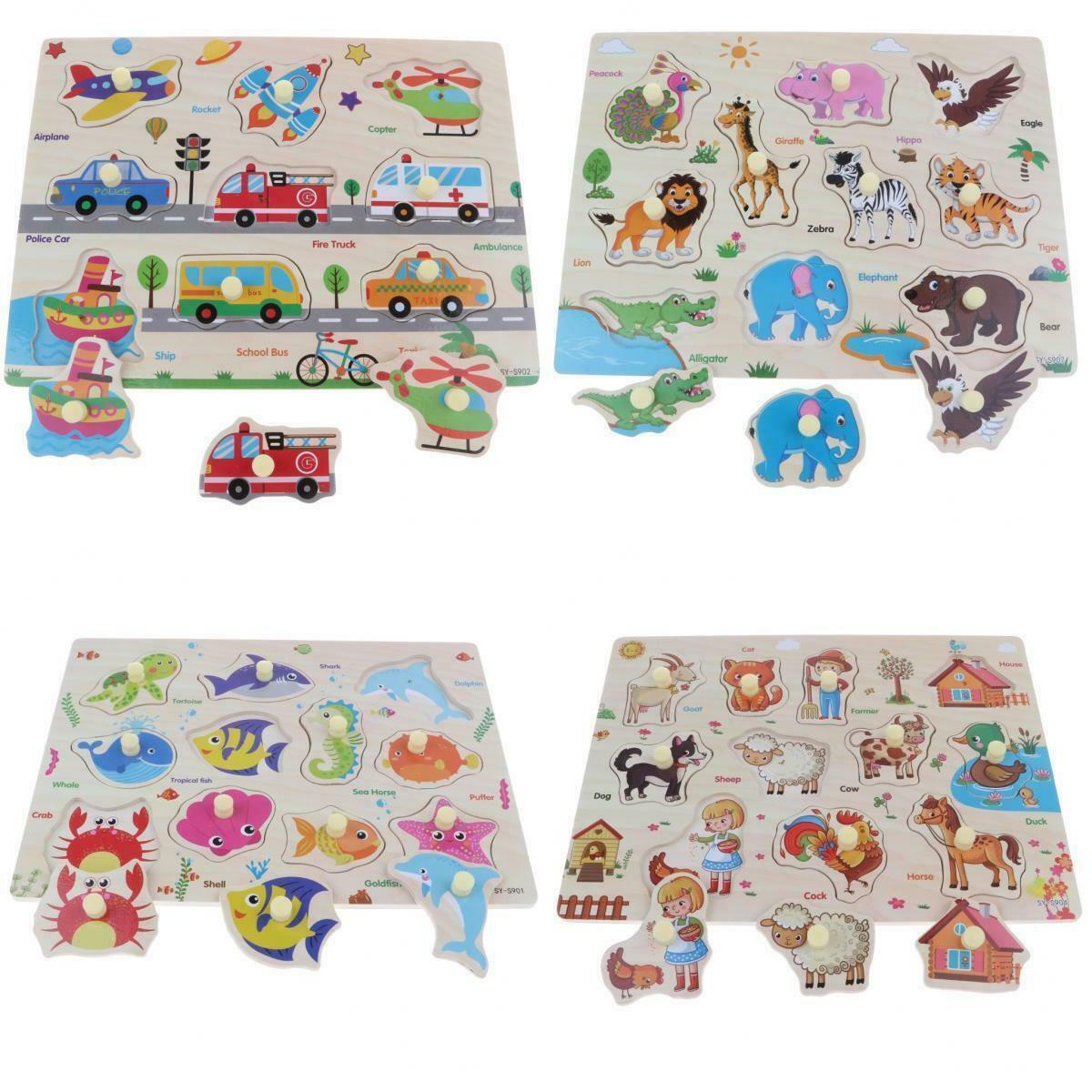 Wooden Colorful Traffic and Farm Zoo Marine Animals Jigsaw Puzzle Baby Toys