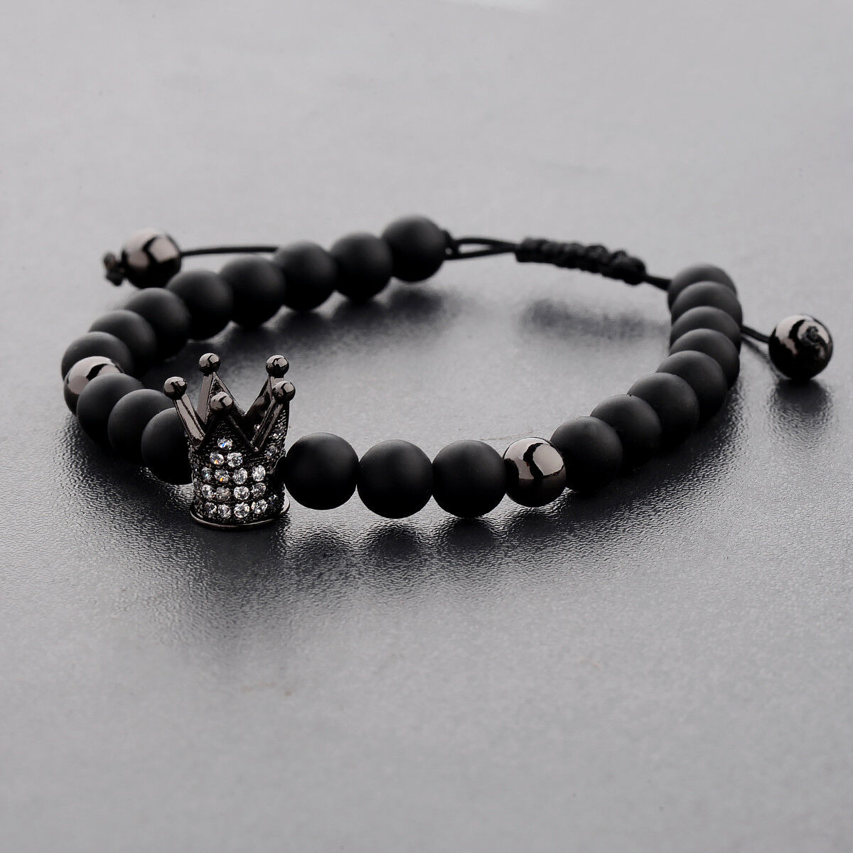 Charm Men Cubic Zircon 24kt Black Plated Crown Bracelet Bead Macrame Bracelets