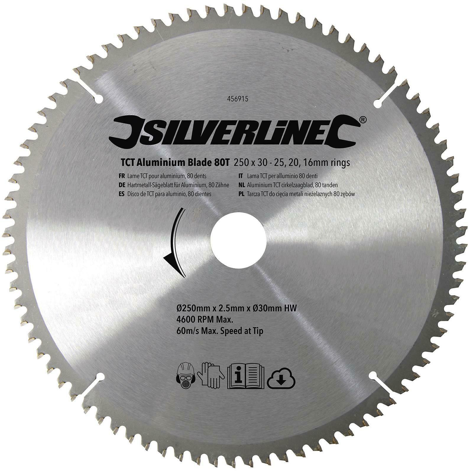 Silverline TCT Aluminium Circular Saw Blade 80 Teeth 250x30mm 25 20 16mm Rings