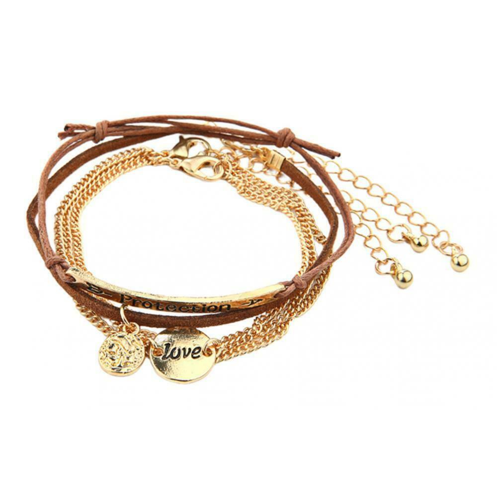 Womens Love Letter Multilayer Chains Metal Coins Bracelet Leather Rope 18cm