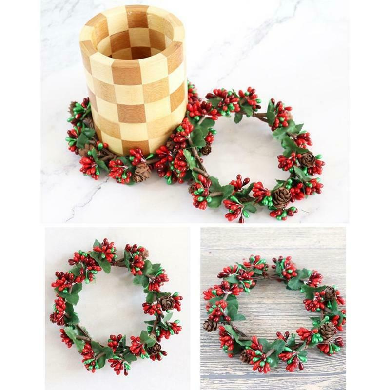 Christmas Candle Holder with Berry Pinecone Wreath Candle Ring Candlestick Decor