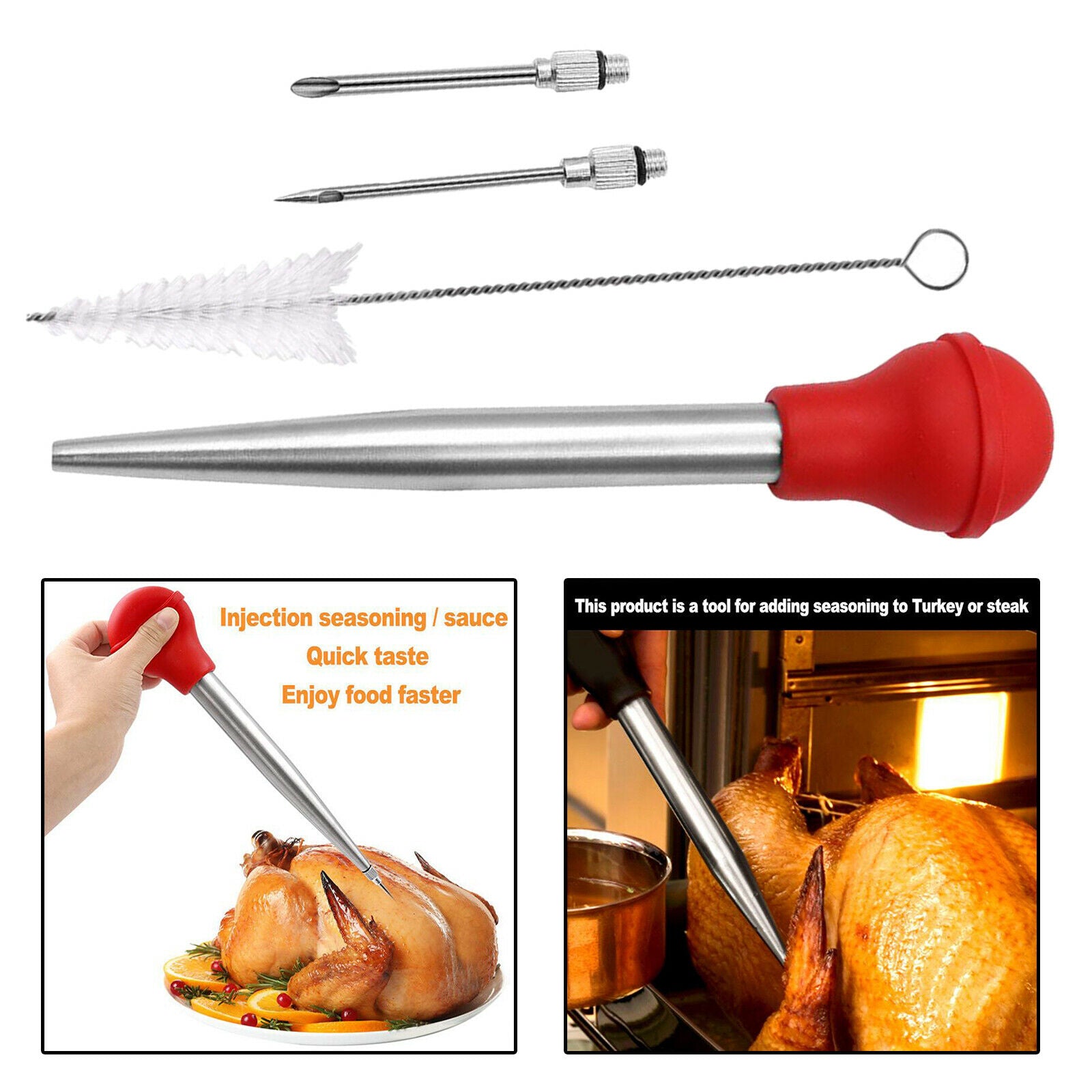Stainless Turkey Baster Injector Needle Silicone Bulb for Basting Kitchen red