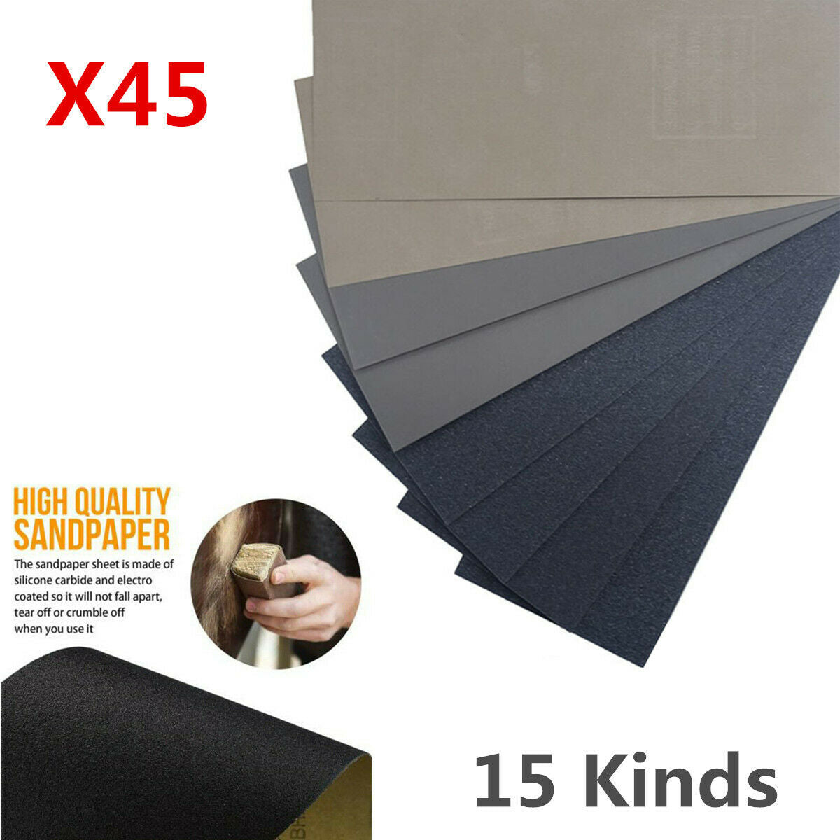 45 Pcs 15 Kinds Assorted Wet Dry Sandpaper 80-3000 Grit Sandpaper Sanding Sheets