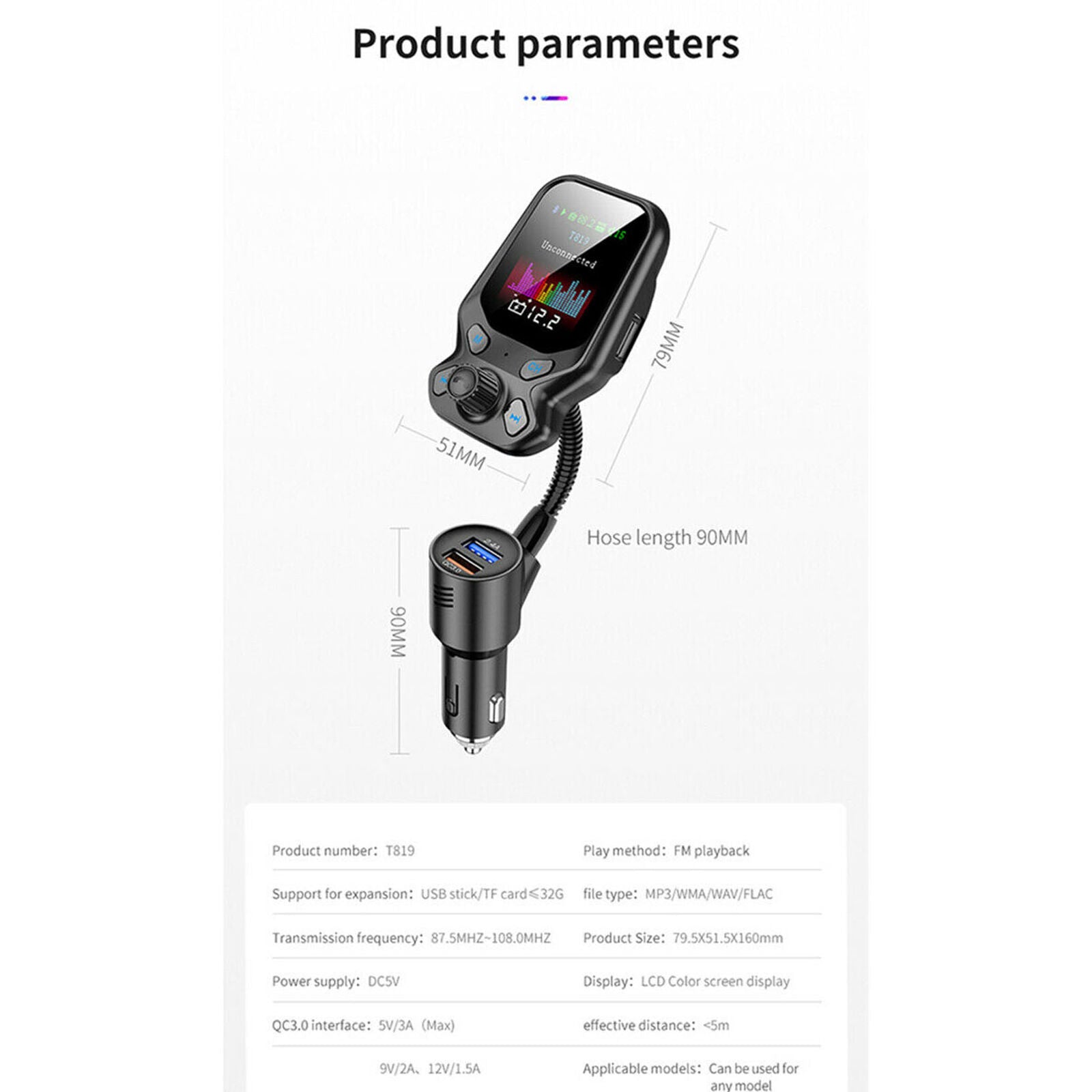 Bluetooth 5.0 In-Car Wireless FM Transmitter MP3 AUX Radio Adapter 2 USB Charger