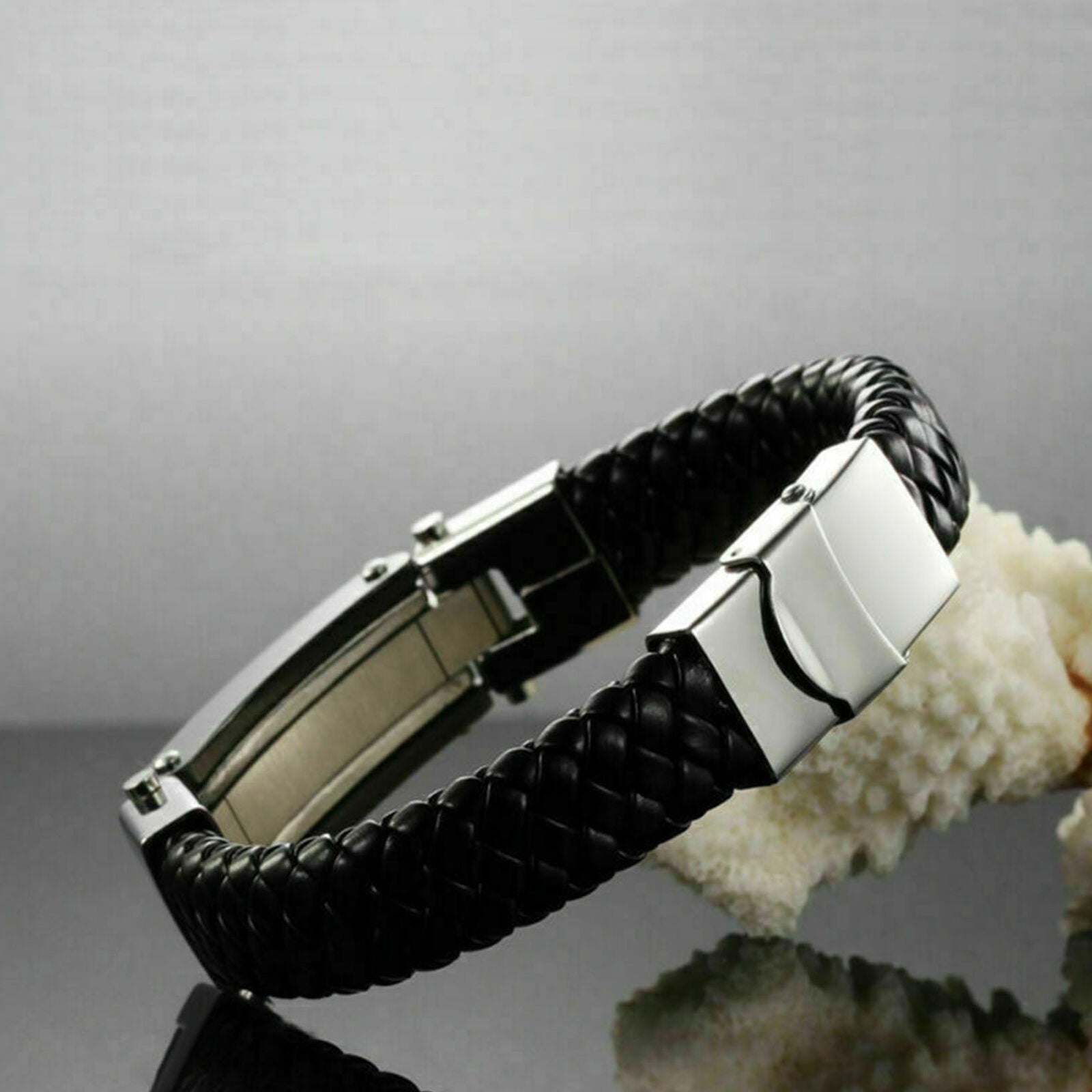 Black Leather Braided Stainless Steel Cross Men's Charm Bracelet Wristband Cuff