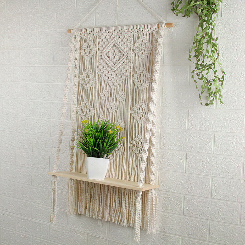 Boho Wall Hanging Shelf Woven Cotton Rope Tapestry Tassel Books Hanger
