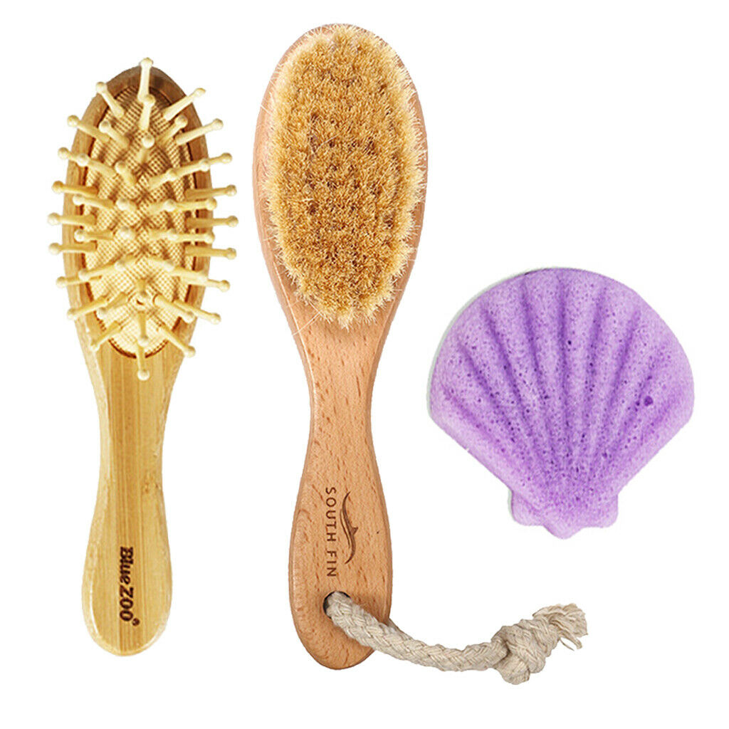 3x Goats Hair Bristle Body Newborn Brush Skin Massage Handle Natural Wooden