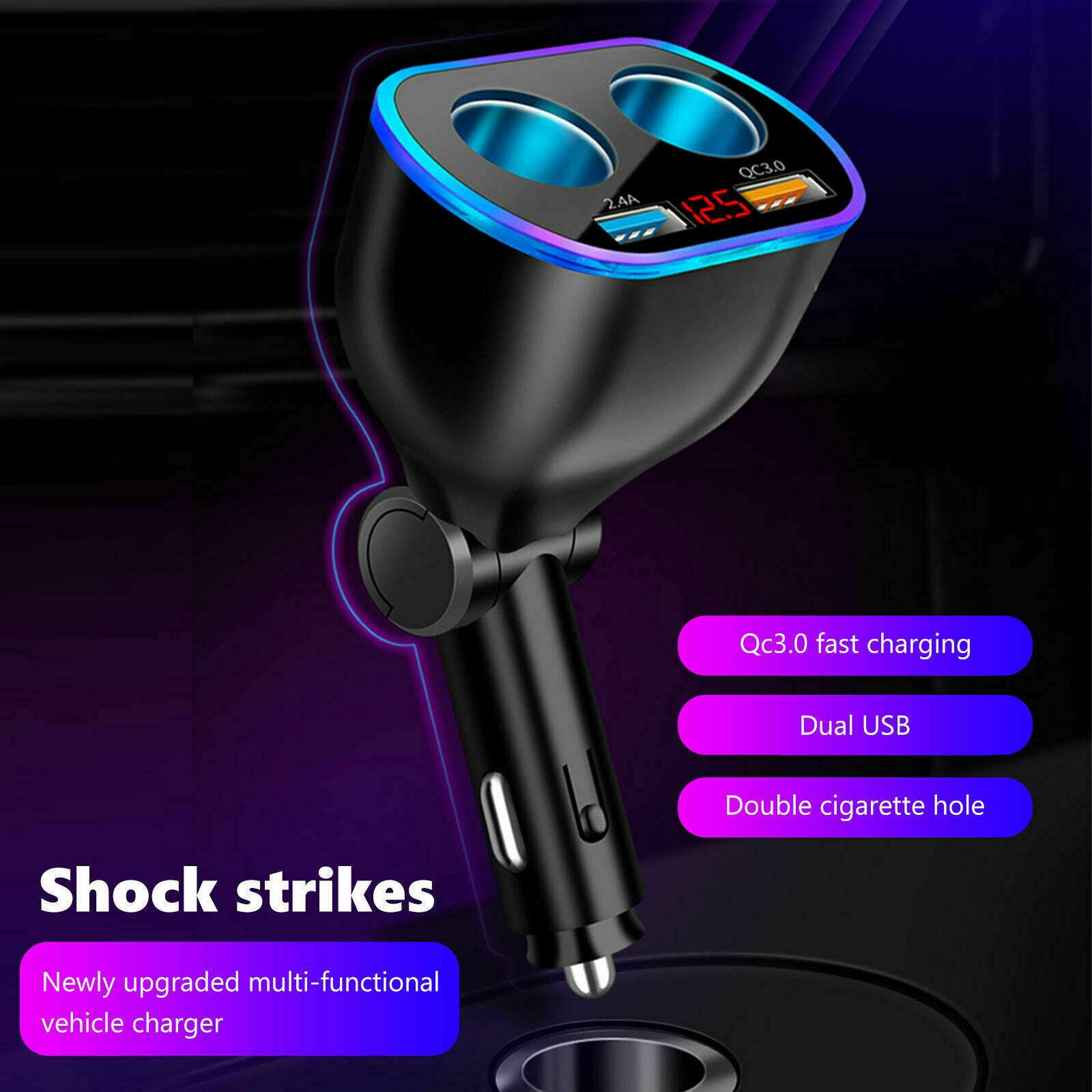 2 Way Car LED Lighter Socket Splitter Dual USB Charger Power Adapter LED