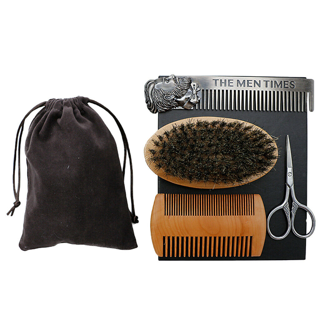 Wide Tooth Comb Set for Beard Mustache + Artificial Brush 4 Pieces