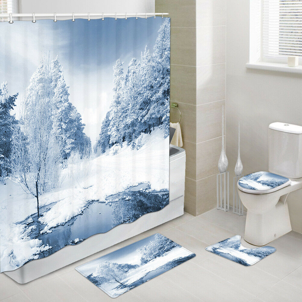 Snow Winter Scene Shower Curtain Set Bath Rug Toilet Lid Seat Cover 4PCS-Set