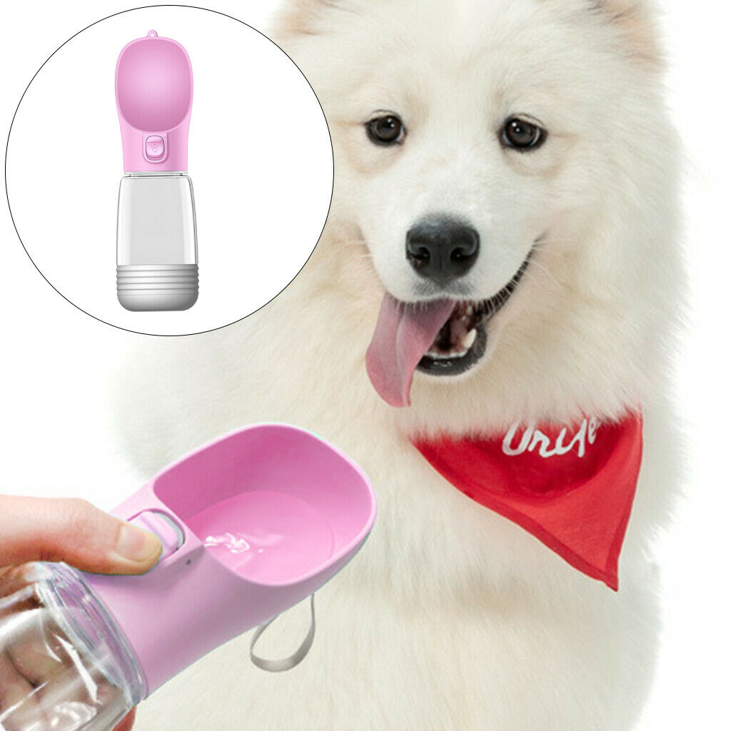 Dog Bottle Leakproof Pet Cat & Poop Bag Dispenser Bowl for Walking Pink