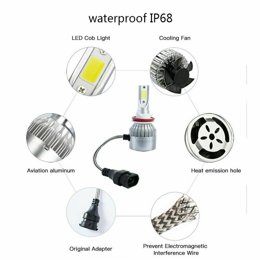 2pcs LED Headlight Kit H8 H9 H11 72W 7600LM 6000K Low Beam Fog Bulb HID White