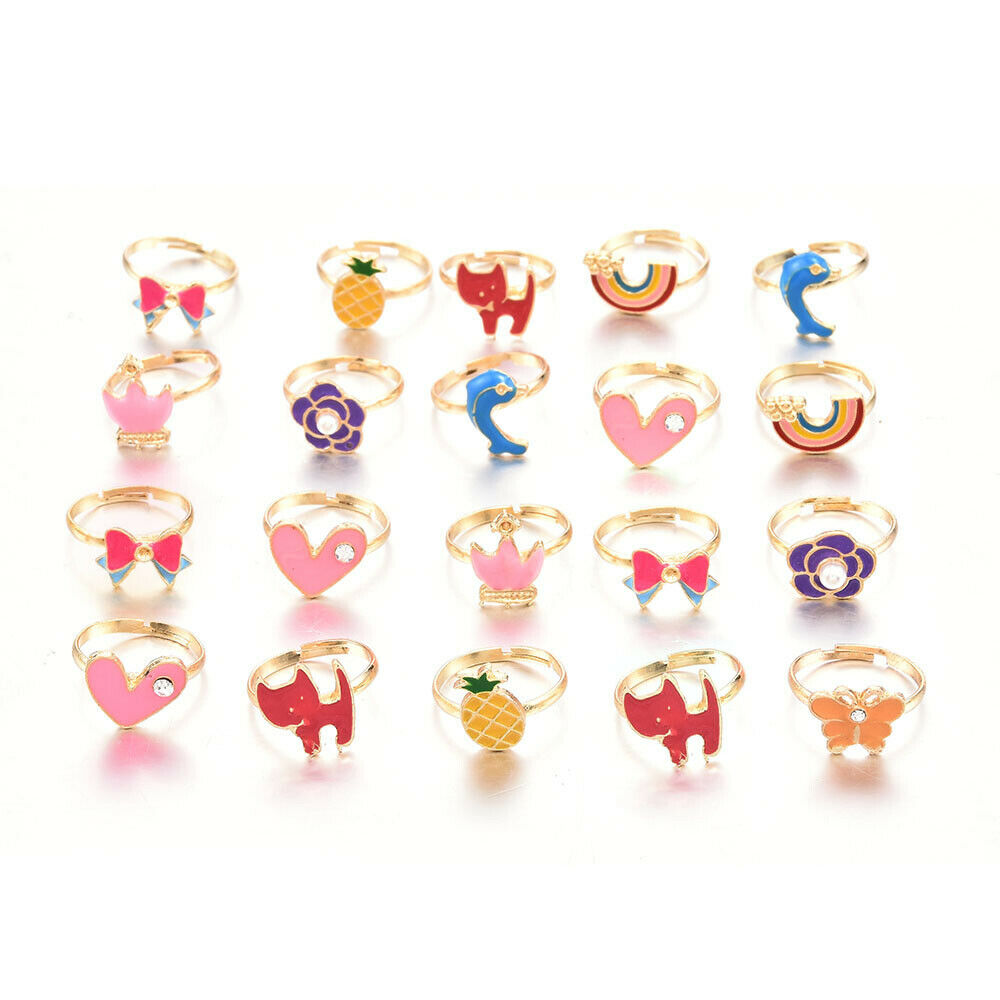 20*/SET Girls Kids Cartoon Adjustable Rings Crystal Ring Jewelry Cute Xmas Gift