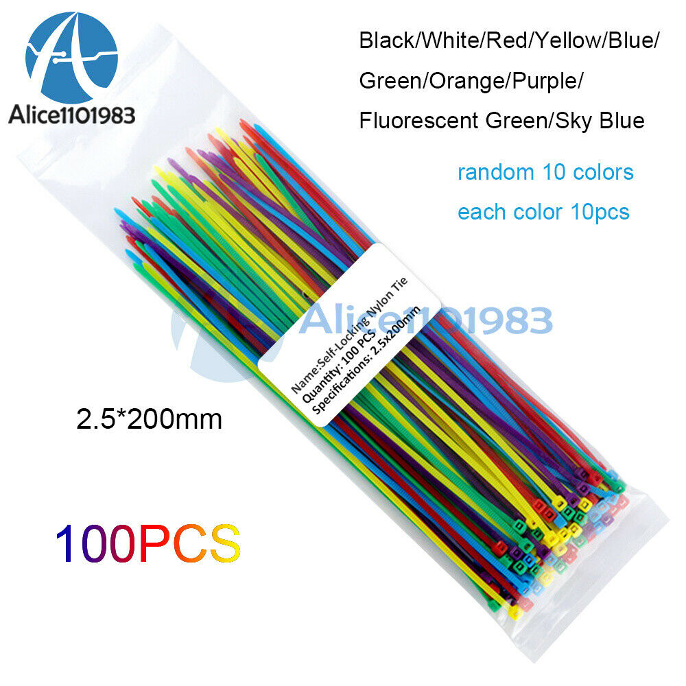 100PCS 2.5*200mm Self-locking Nylon Plastic Cable Ties 10 Mixed Color