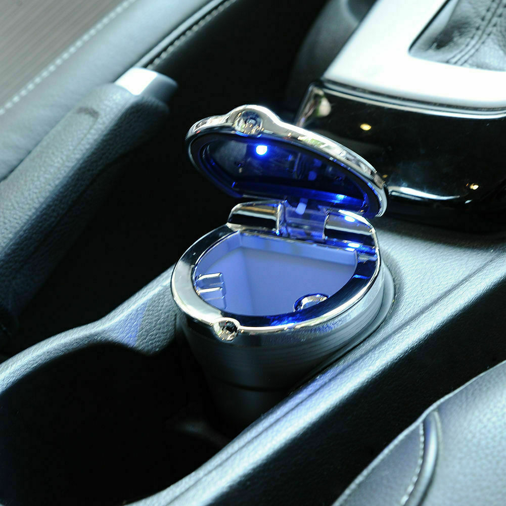 White Portable Stainless Auto Car Cigarette Ashtray Ash with Blue LED Light