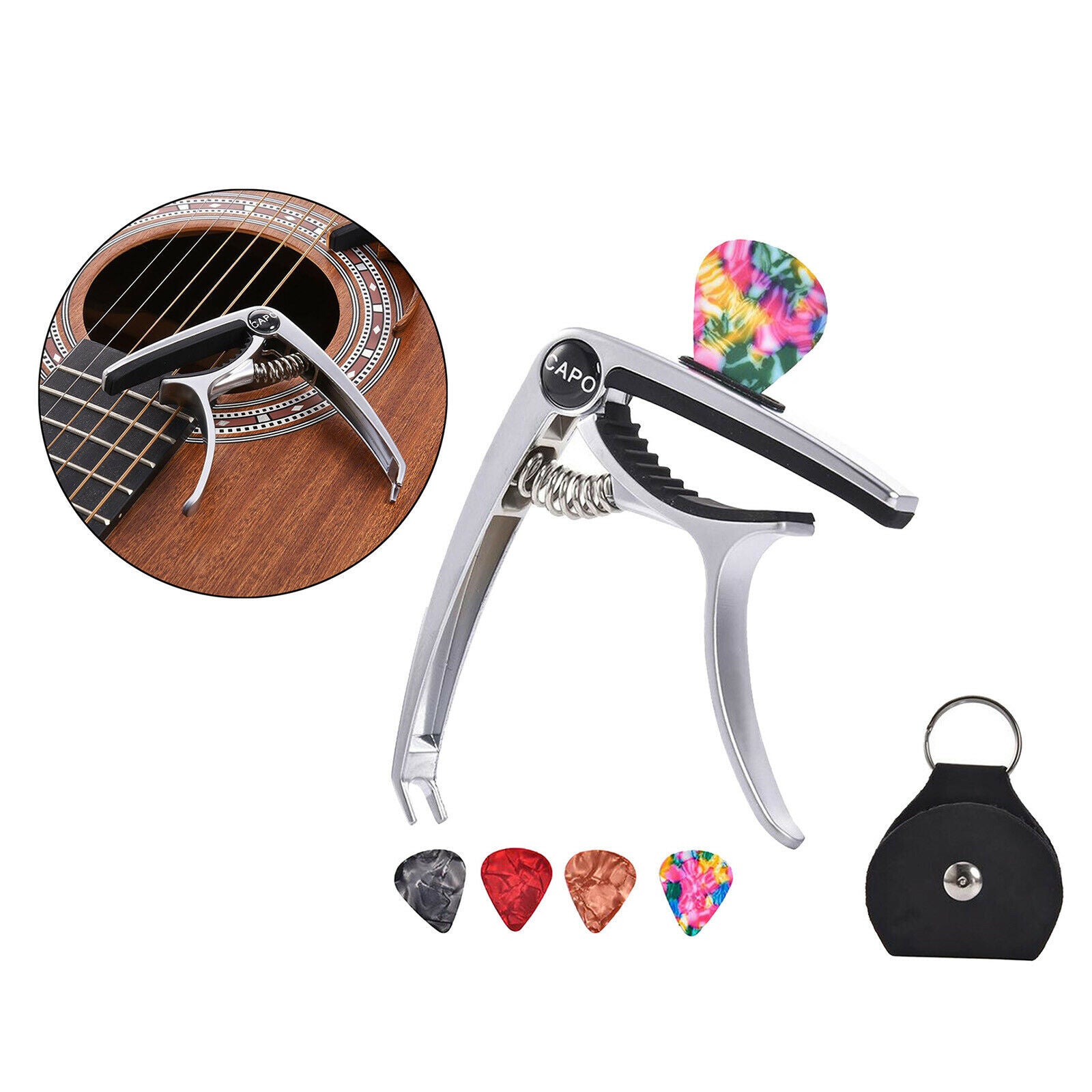 Metal Guitar Capo with 5 Picks Electric Guitar Ukuleles Banjos Parts Accs -