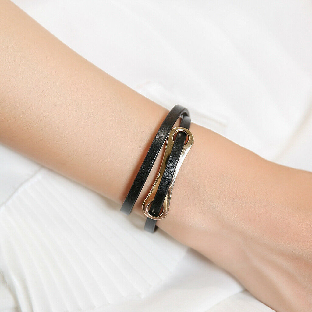 Leather Double Wrap Belt With T Buckle Bracelet Cool Wristband Cuff Black