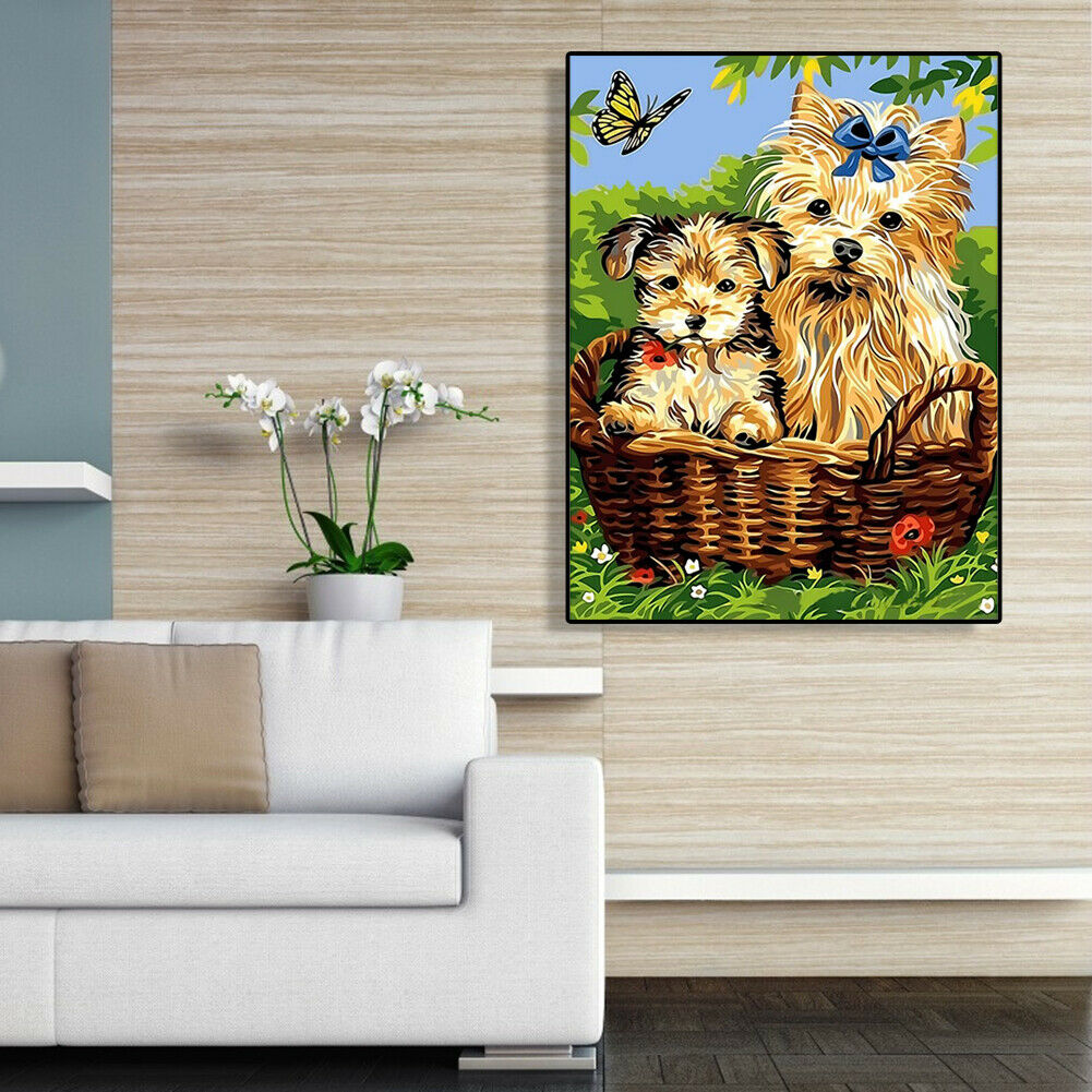 Painting By Numbers Kit DIY Two Dogs Canvas Oil Wall Picture Home Artwork @