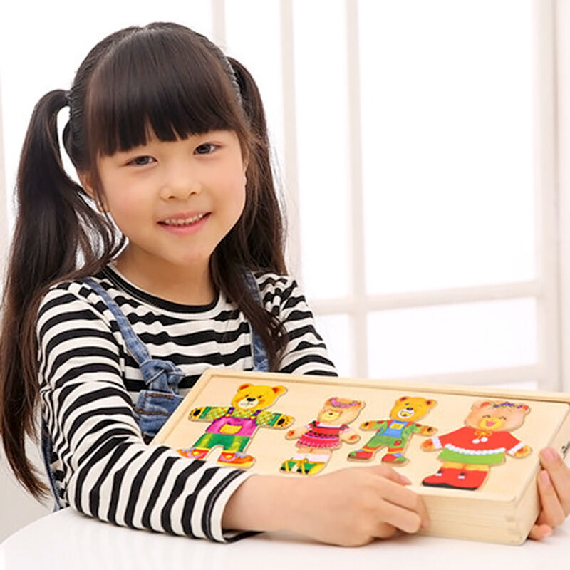 Wooden Baby Bear Changing Clothes Puzzle Set Children Kids Educational Toys Gift