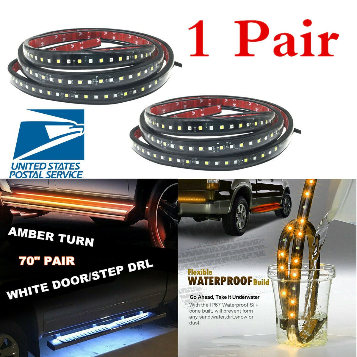 1 Pair 70" Flexible IP68 Car Side Kick Running Board LED Light Strip White Amber