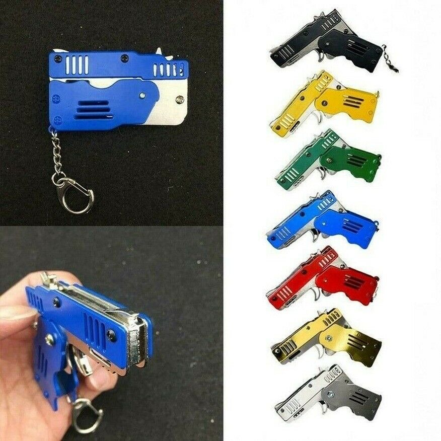 50+ HOT Rubber Band Gun Mini Metal Folding 6-Shot with Keychain and Rubber Band