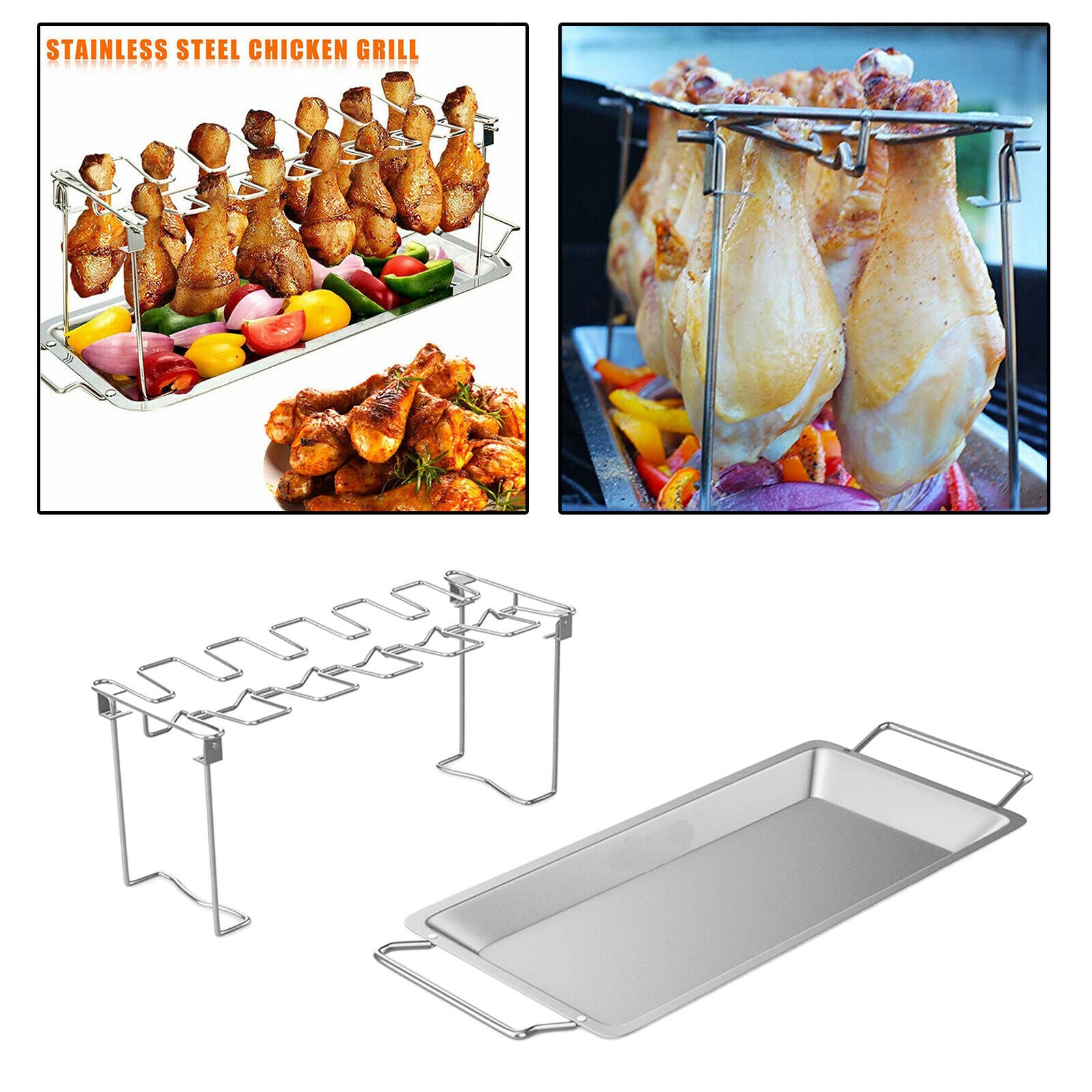 Chicken Leg & Wing Rack Grill Stand Roasting BBQ Grill with Drip Pan Party