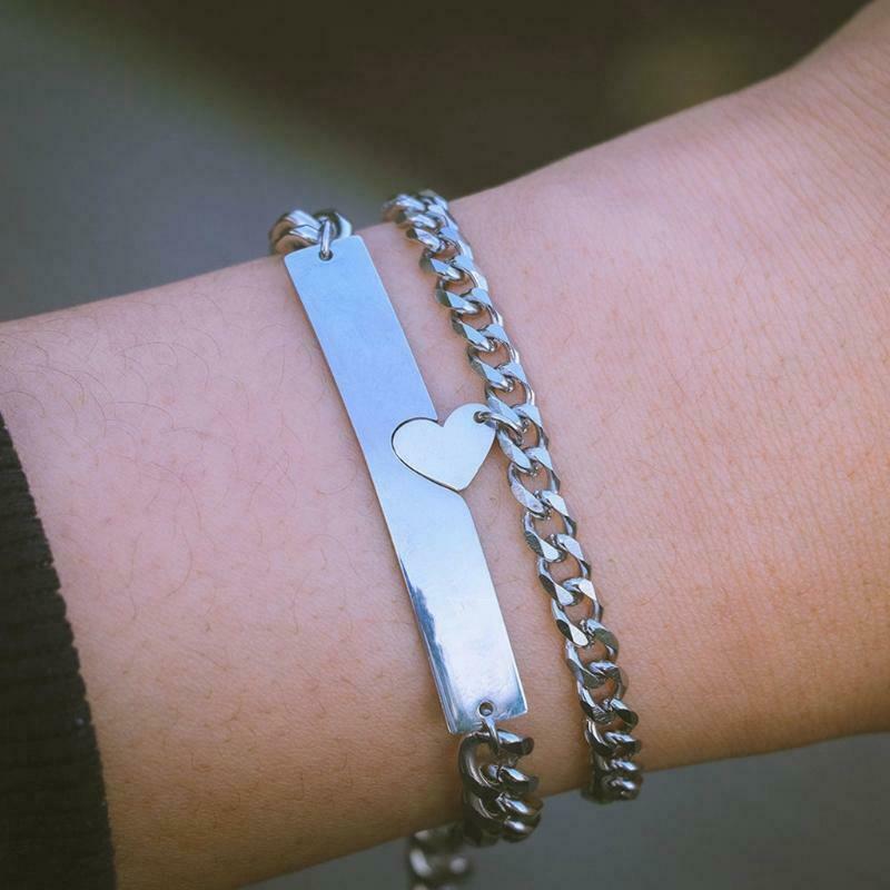 2Pcs/Set Geometric Heart-shaped Puzzle Bracelet Stainless Steel Cuba NK Chain