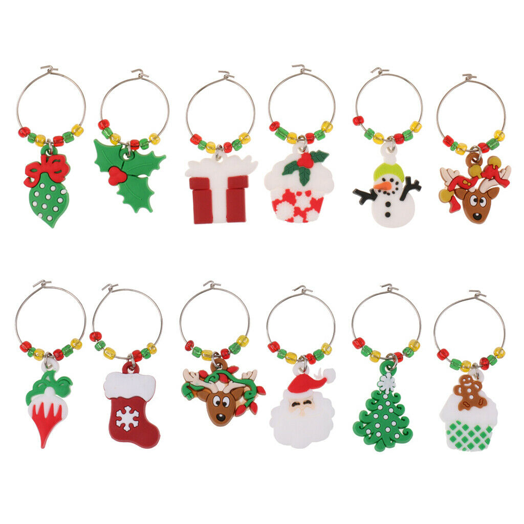 Set of 12 Pieces Christmas Santa Snowman Gift Box Stockings Wine Glass Charms